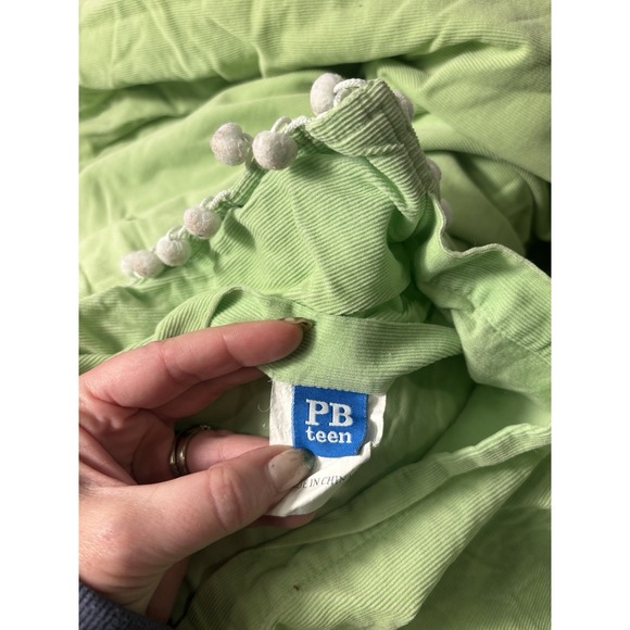 Pottery Barn PB Teen Muffy Cord Twin Duvet & Standard Sham Lime Green Pom Poms - Picture 2 of 8